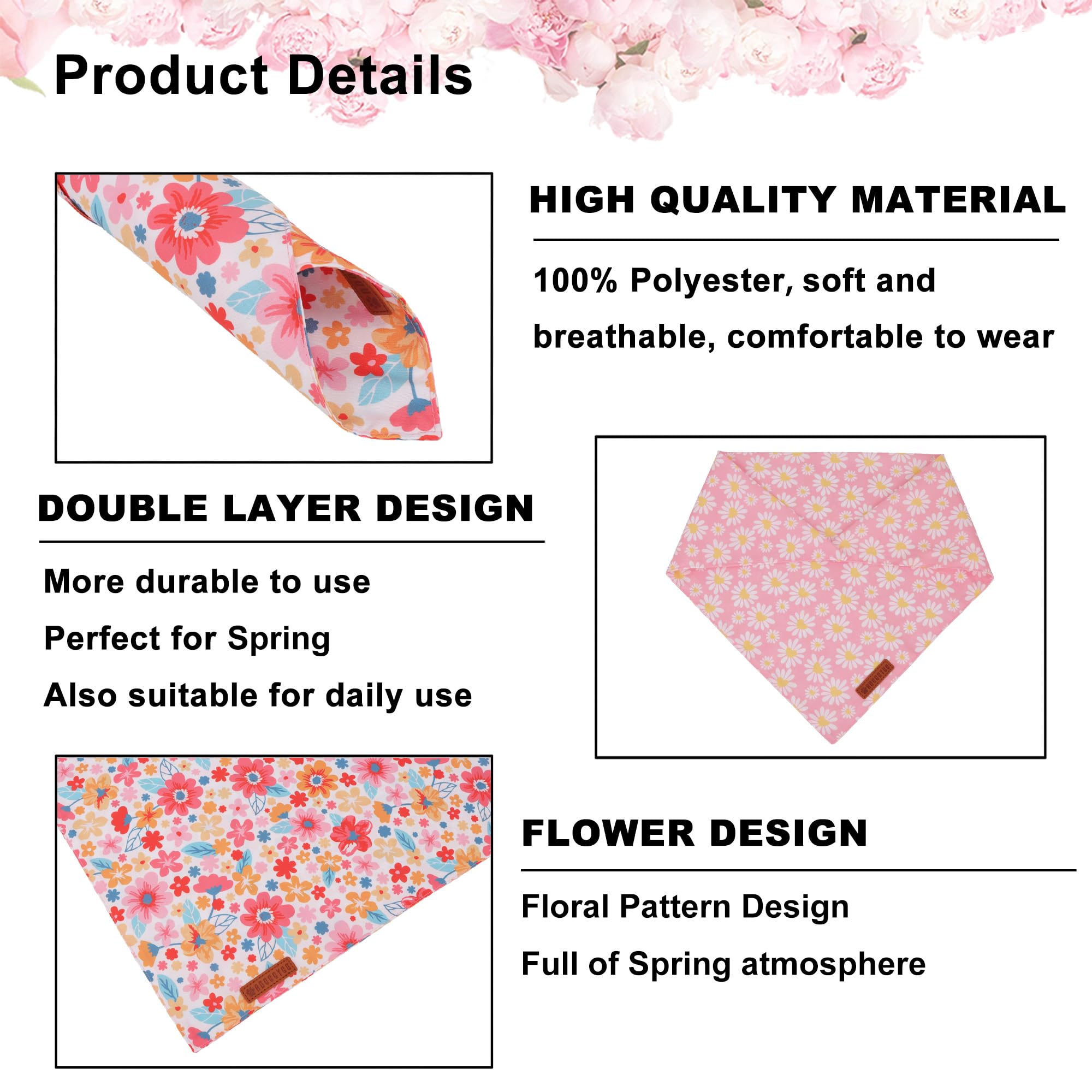 ADOGGYGO Pink Floral Dog Bandanas Girl, Cute Daisy Bandana, Small