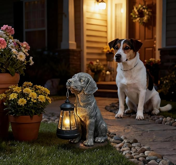 Lyeasw Outdoor Dog Statues Garden Decor with Solar Lantern