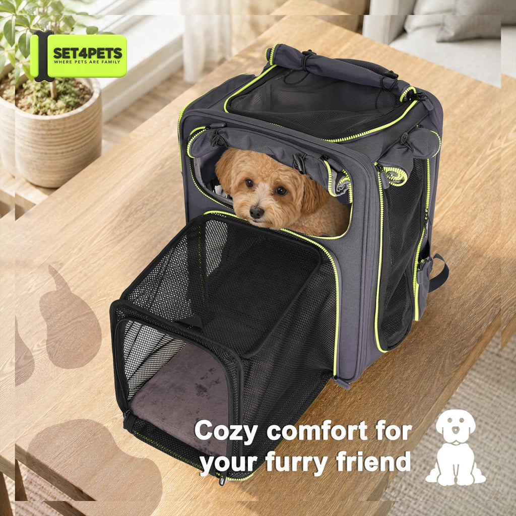 Set4Pets Expandable Cat Carrier Backpack for Cats & Small Dogs, Gray/Green
