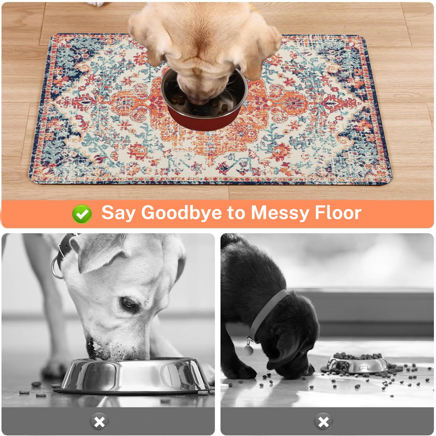 Absorbent Pet Dog Bowl Mat for Food and Water, Pet Cat Food Feeding Mat with Non Slip Rubber Backing, Dog Food Mats for Floors Waterproof, 16"x24"