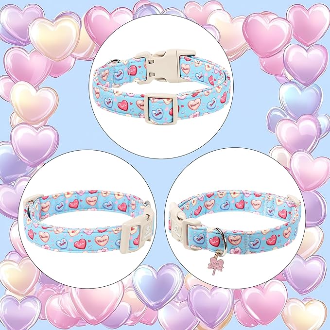 Valentines Dog Collar for Large Dogs - Valentine Candy Hearts Dog Collars, Love Boy Girl Dogs Collars, Lightweight Adjustable Cute Blue Puppy Collar with Quick-Release Buckle L