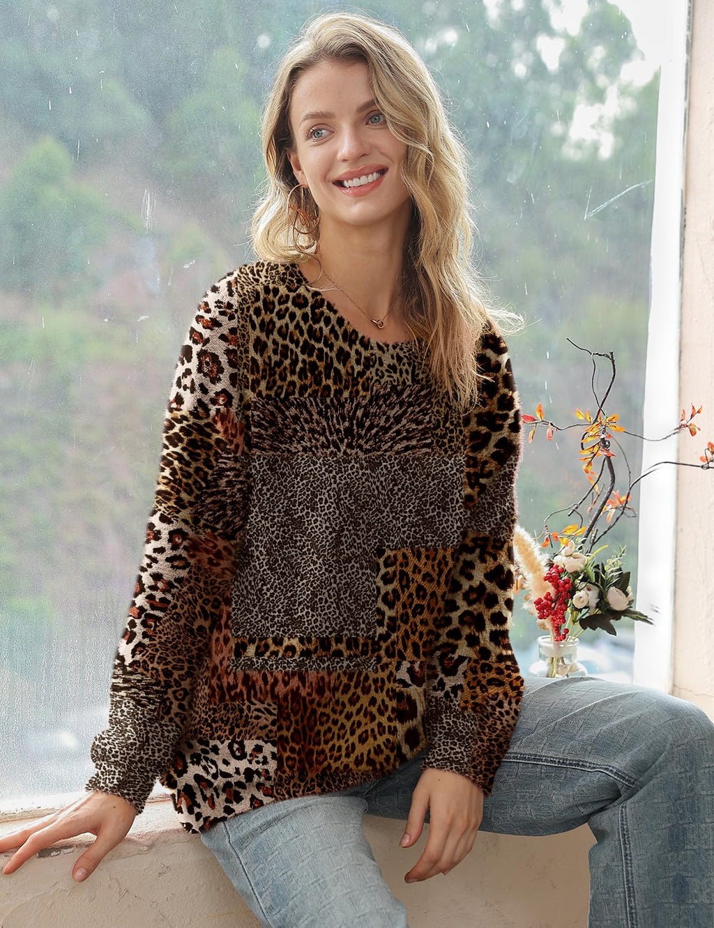 YESNO Women Sweater Graphic Oversized Pullover Sweaters Casual Loose Long Sleeve Knit Tops M S01 CR10