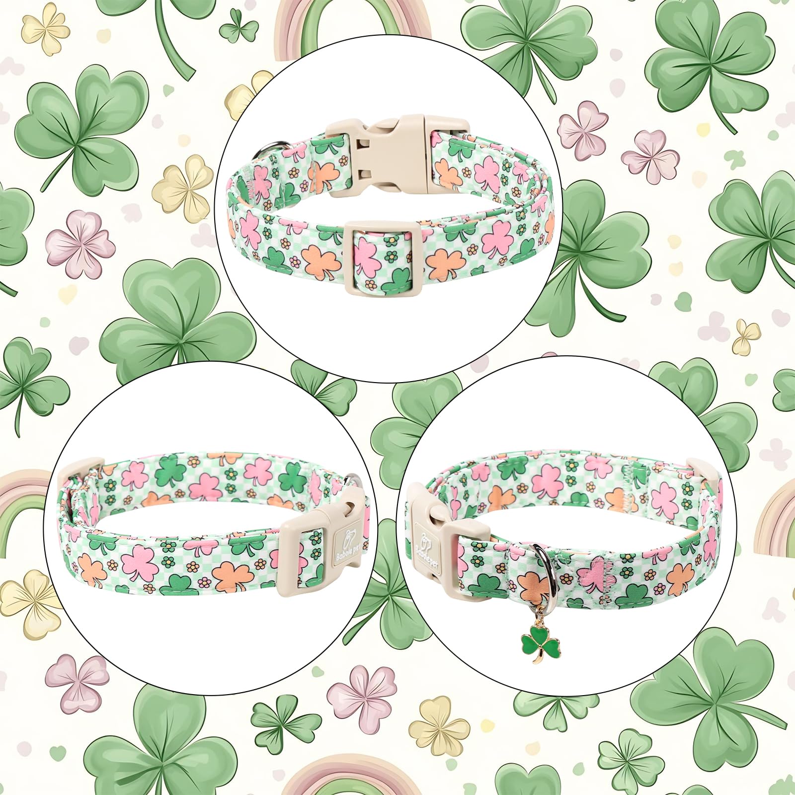 Babole Pet St Patricks Day Dog Collar for Giant Large Dogs - Cute Pastel Lucky Clover Dog Collars, Lightweight Adjustable Irish Green Festival Dogs Collars with Quick Release Buckle XL