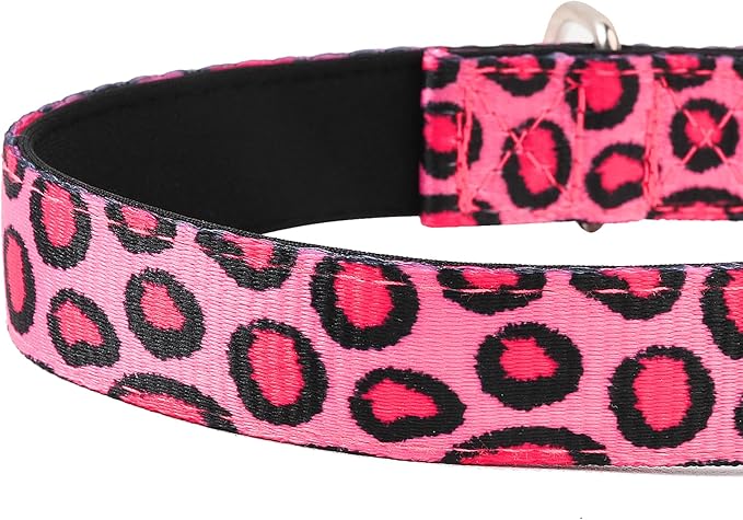 PWOD Reflective Dog Collar, Adjustable Soft Neoprene Padded Nylon Pet Collars with Buckle for Puppy and Small Dogs, Cats, Leopard Pink,L