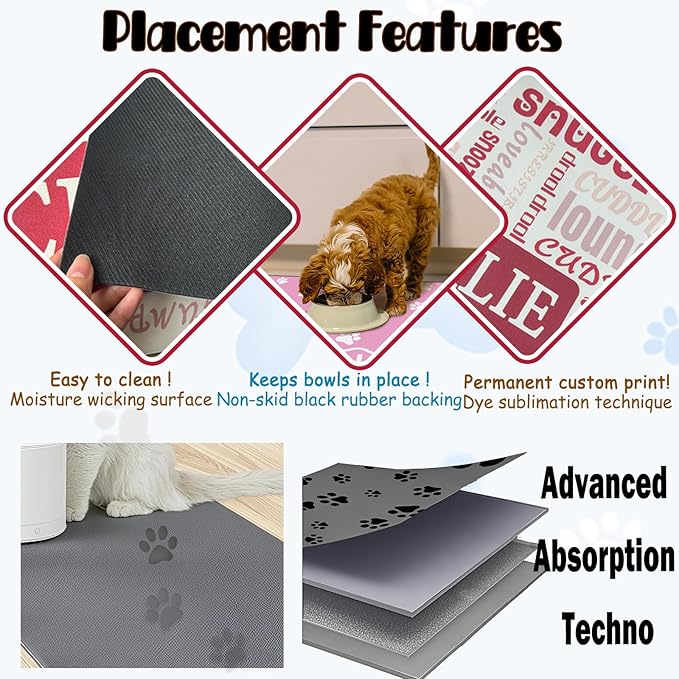 Personalized Dog Cat Food Mat Waterproof Non Slip Pet Bowl Name Mat Absorbent Quick Dry Custom Feeding Mat for Floors