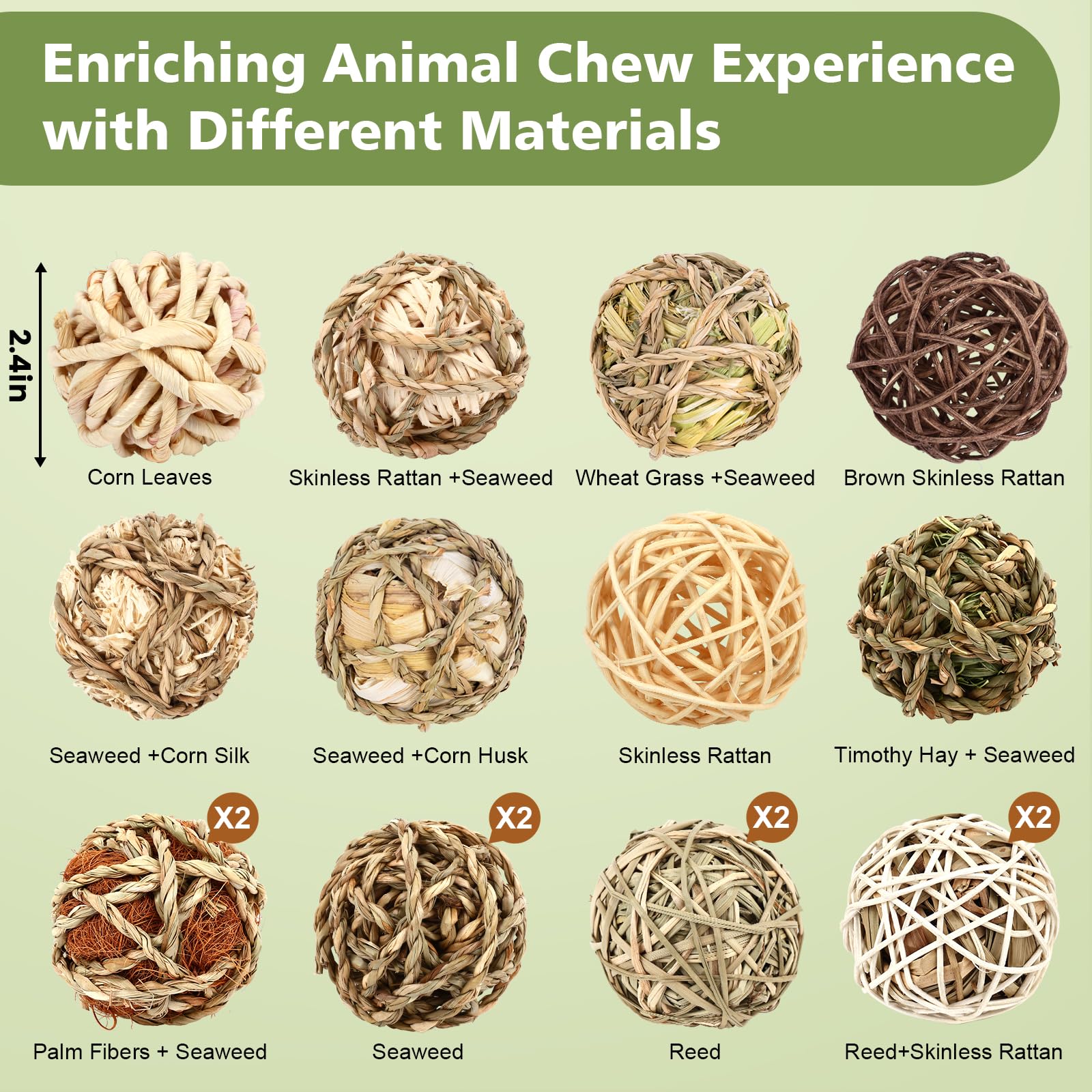 Bunny Chew Grass Balls, Rolling Chew Toys for Small Animals, Improving Dental Health, Natural Chew Grass Toys for Rabbits, Guinea Pigs, Chinchillas, Hamsters, Mice (16 Pcs)