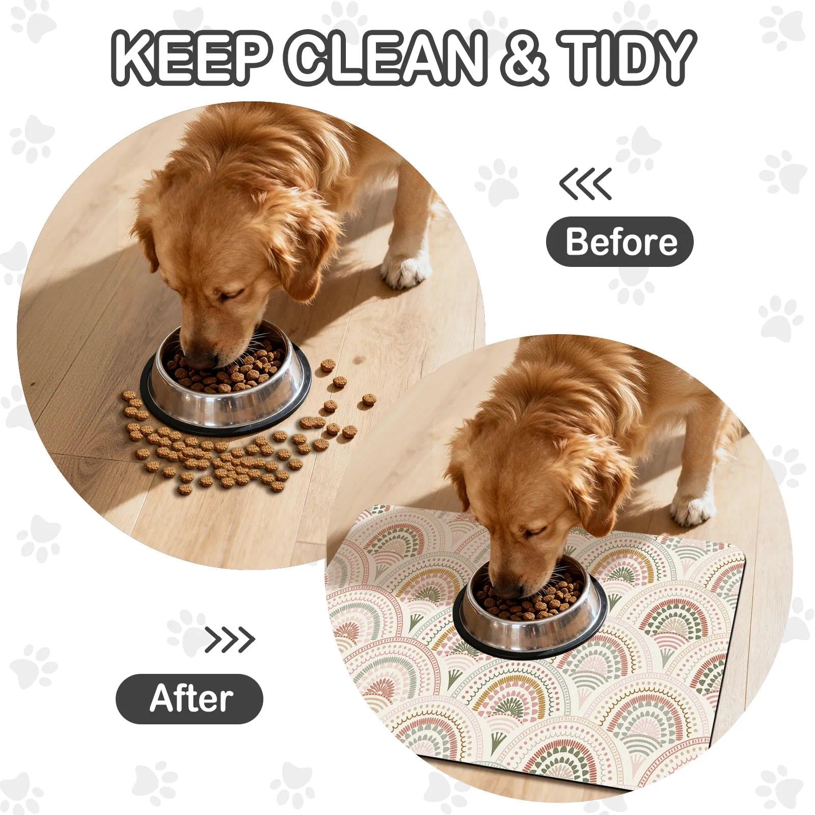 Dog Food Mat for Pet Cat Food Mat, Boho Absorbent Quick Dry Dog Bowl Mats for Food and Water, Non-Slip Cat Pet Feeding Mats for Floor Placemats 12"x20"
