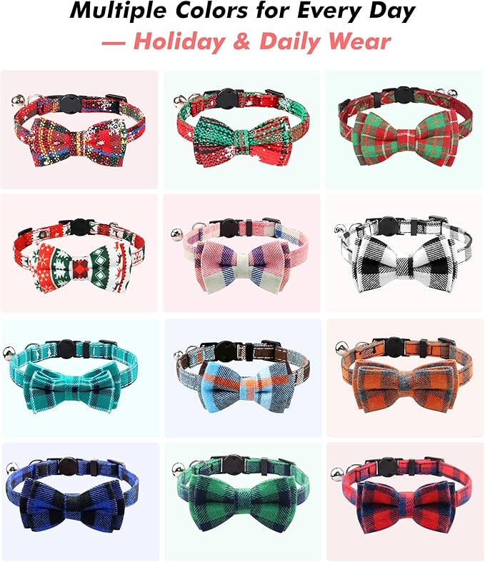 Joytale Upgraded Christmas Cat Collar with Bells, Breakaway Cat Collars with Bow Tie, 1 Pack Girl Boy Safety Plaid Kitten Collars, Christmas Red