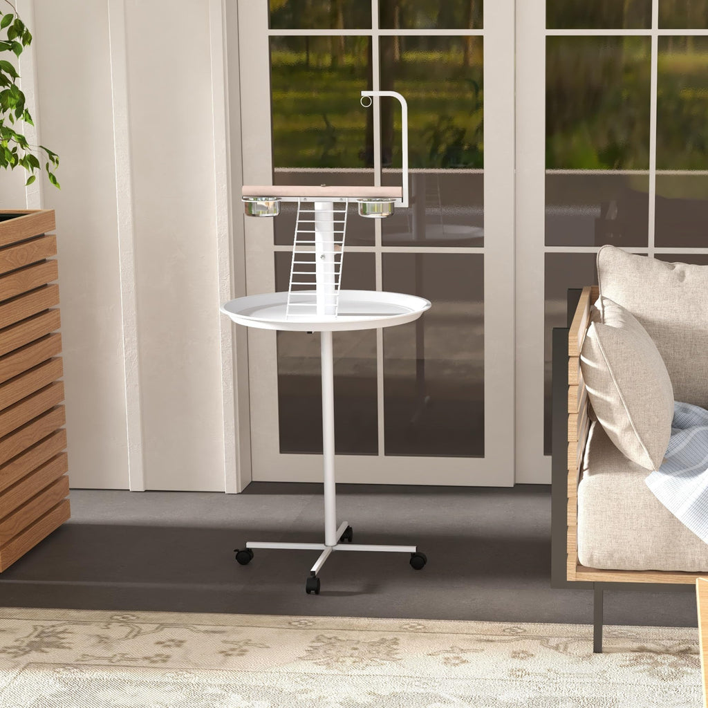 PawHut Bird Stand, Parrot Stand with Wheels, Perches, Stainless Steel Feed Bowls, Round Tray, Bird Play Stand for Indoor Outdoor, White
