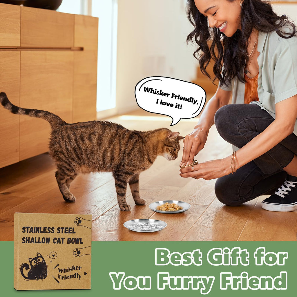 Petdream 8-Pack Stainless Steel Cat Food Bowls, Shallow Whisker-Friendly Non-Slip Silicone Base Metal Dishes, Easy to Clean Indoor Feeding Flat Plates for Cat, Kitten, Small Dog (6.7")