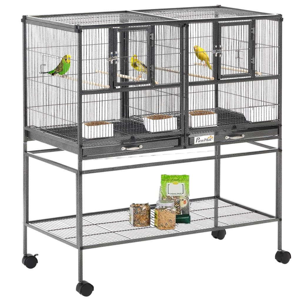 PawHut Divided Breeder Bird Cage with Rolling Stand Removable Metal Tray
