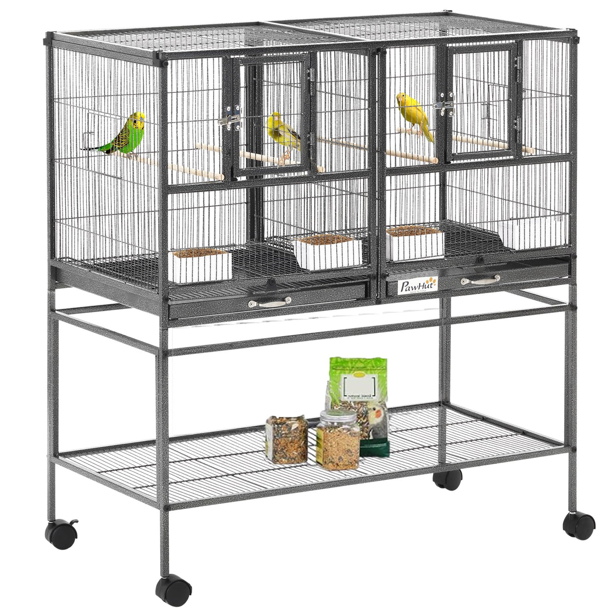 PawHut Divided Breeder Bird Cage with Rolling Stand Removable Metal Tray