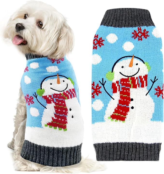 Pet Christmas Dog Sweaters Cute Animal Snowman Printed Puppy Xmas Costumes Winter Warm Turtleneck Jumpers Puppy Knitted Clothes Cat Outfits (M, Blue Snowman)