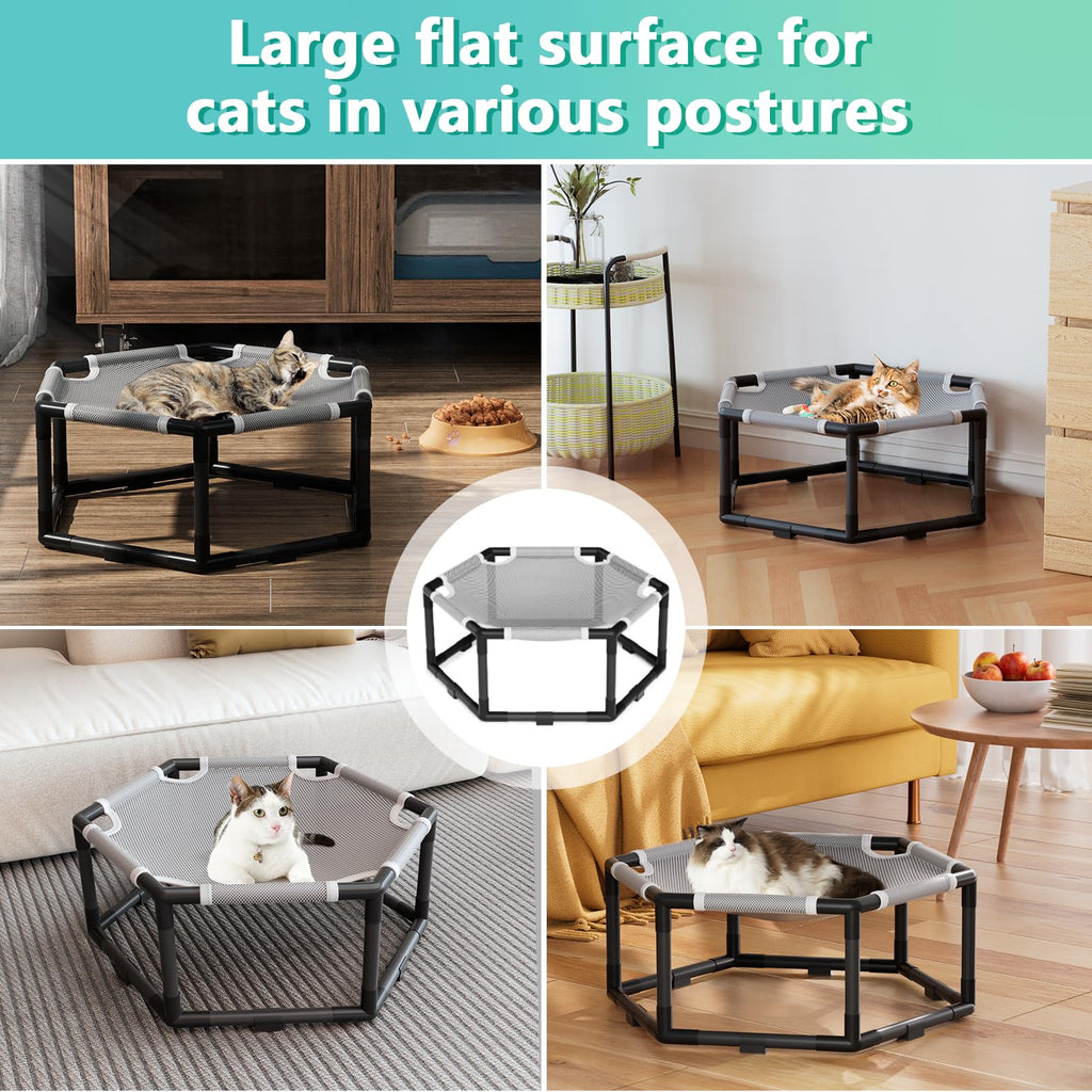 Tresbro Elevated Cat Hammock Bed, Hexagon Raised Cat Swing Bed for Indoor and Outdoor Use with Breathable Fabric & Anti-Slip Block, 20.5'' x 18'' x 9.4'' Pet Chair for Large to Small Kitty Cot