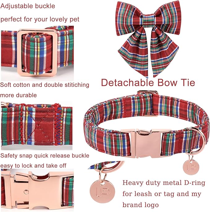 Christmas Plaid Dog Collar with Bow, Red and Blue Check Adjustable Pet Collar with Quick Release, Christmas Stripes Bowtie Collar for Small Medium Large Dogs XL