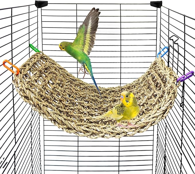 Bird Seagrass Mat 39.4×7" Long Natural Macaw Woven Net Hammock Hanging on Parrot Cage with Hooks Climbing Ladder Swing Chew Toys for Cockatoo Large Parrot Supplies