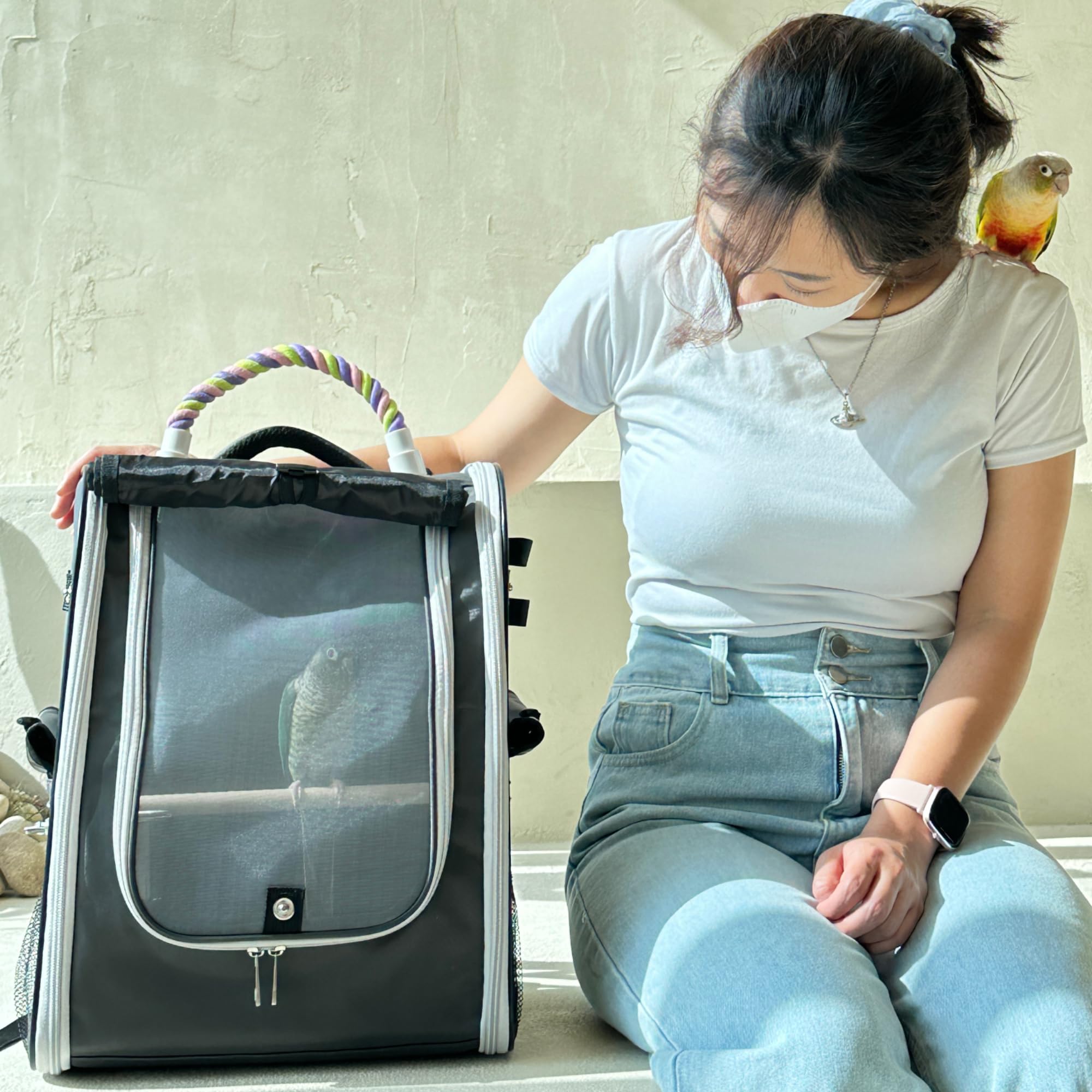 Birds Day Bird Carrier Backpack - Breathable Mesh Portable Parrot Travel Cage with 2PCS Perch, Food Bowl, and Stainless Steel Tray (Charcoal Gray)