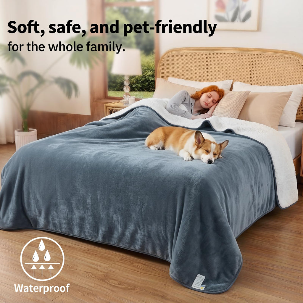 Sunheir Waterproof Blanket for Bed, Reversible Soft Flannel Twin Bed Blanket 60" x 80", Leakproof Throw Spill-Proof Dog Pet Blanket for Couch Cover, Furniture, Camping, Travel, Grey