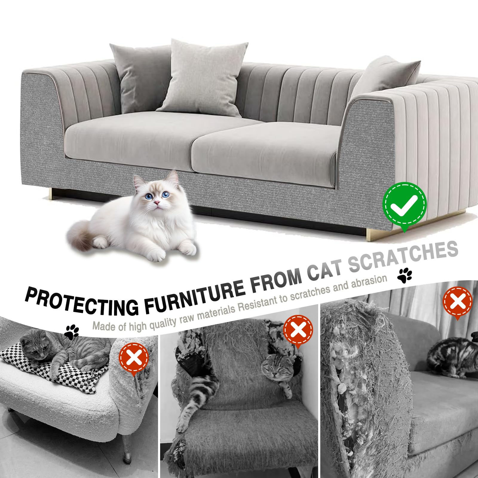 2Pack Total 78.7"x15.8" Cat Scratch Mat for Cat Couch Furniture and Wall Protector | Trimmable Self-Adhesive Carpet Climb Cat Scratcher for Covering Cat Tower and Replacement Pads (Light Grey)