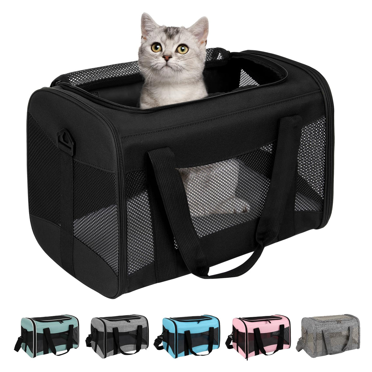 Cat Carrying Case - Pet Carrier Airline Approved, Protable and Breathable Pet Travel Carrier Removable Fleece Pad, Collapsible Cat Carrier Dog Carrier for Medium Cats Small Cats Dogs (Small, Black)