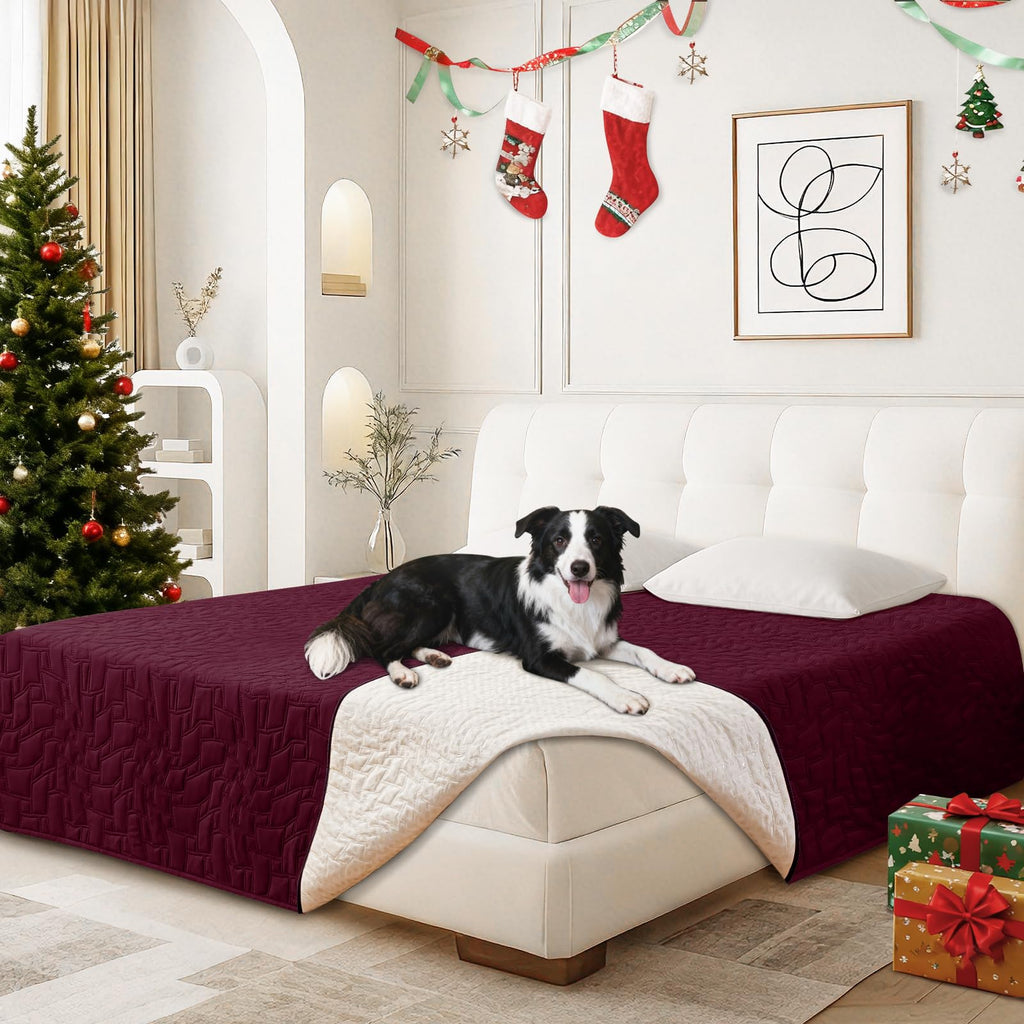 Waterproof Dog Blanket, Non-Slip Soft Pet Bed Cover, Couch Cover for Dogs Washable, Protects Sofa, Furniture, Crate, Car, Tear Resistant Leakproof Pet Blanket Christmas (68x82 Inch, Burgundy)