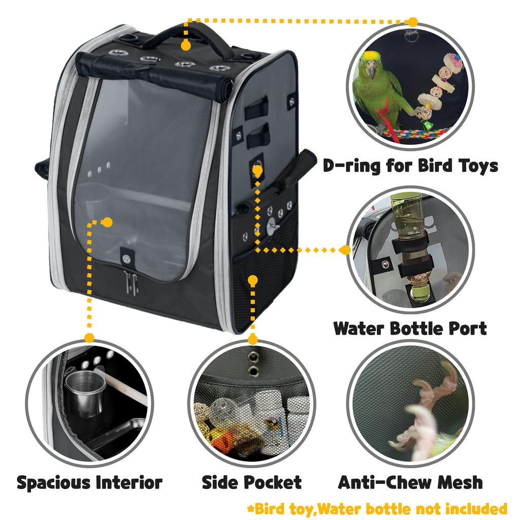 Birds Day Bird Carrier Backpack - Breathable Mesh Portable Parrot Travel Cage with 2PCS Perch, Food Bowl, and Stainless Steel Tray (Charcoal Gray)