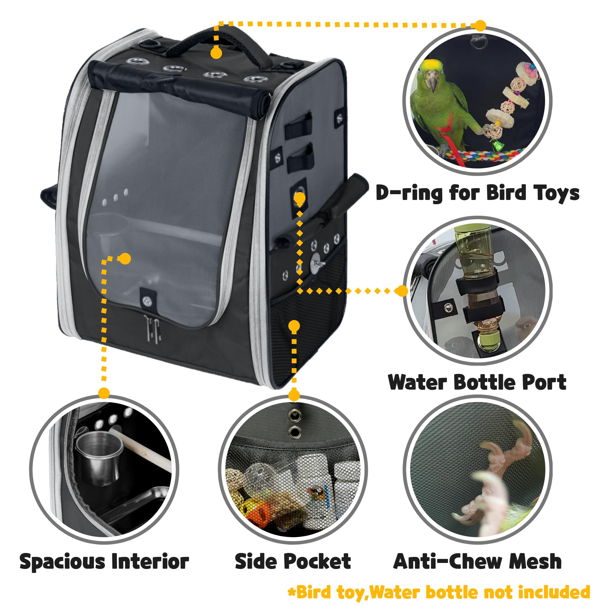 Birds Day Bird Carrier Backpack - Breathable Mesh Portable Parrot Travel Cage with 2PCS Perch, Food Bowl, and Stainless Steel Tray (Charcoal Gray)