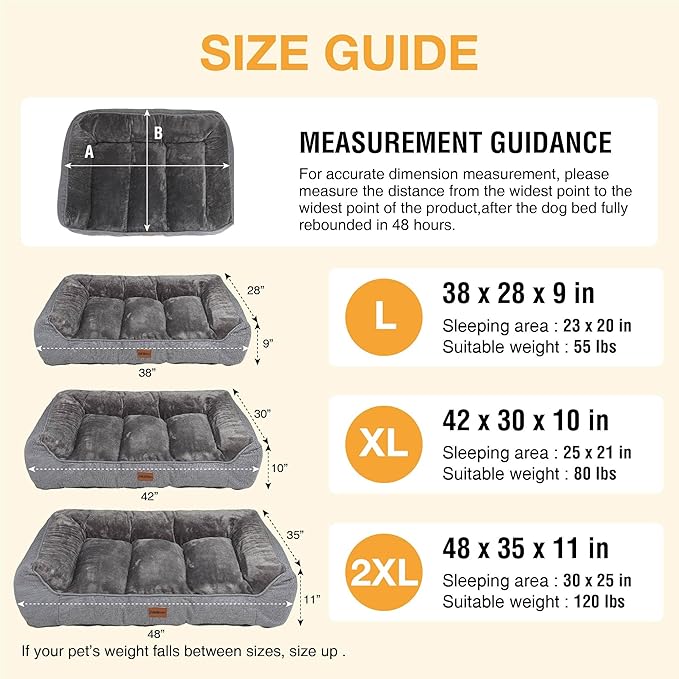 Orthopedic Dog Bed for Large Dogs - Extra Thick Supportive Dog Couch Bed, Pet Beds Sofa with Waterproof Washable Cover & Non-Slip Bottom, Brown, 38x28 Inch
