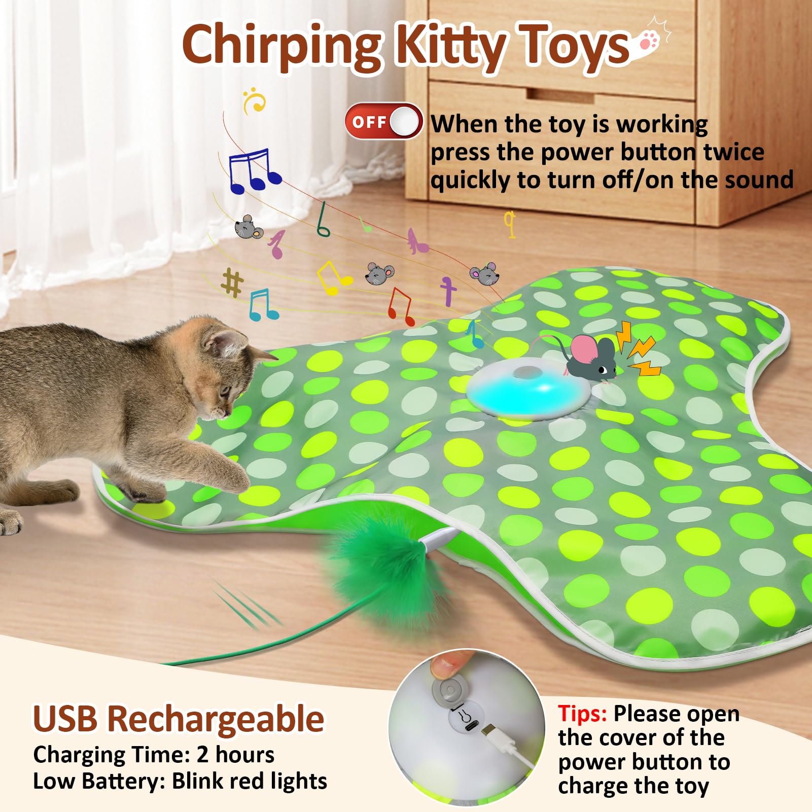 Sofolor Interactive Cat Toy, Automatic Cat Toys for Indoor Cats, Hide and Seek Cat Toy with Motion Activated, Moving Feather, Chirping, USB Rechargeable