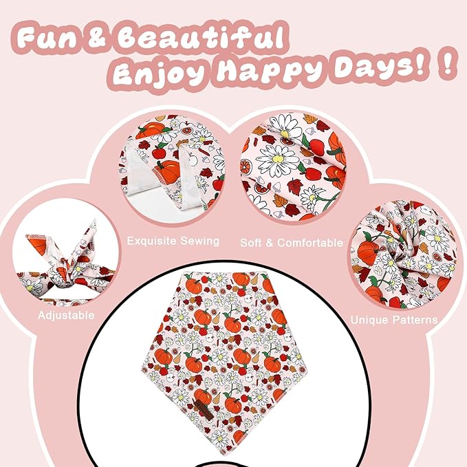 Fall Dog Bandana – Beige Pumpkin Floral Triangle Scarf for Small Medium Large Dogs, Soft Cotton Pet Bib for Autumn Thanksgiving, Adjustable Dog Kerchief for Seasonal Daily Wear