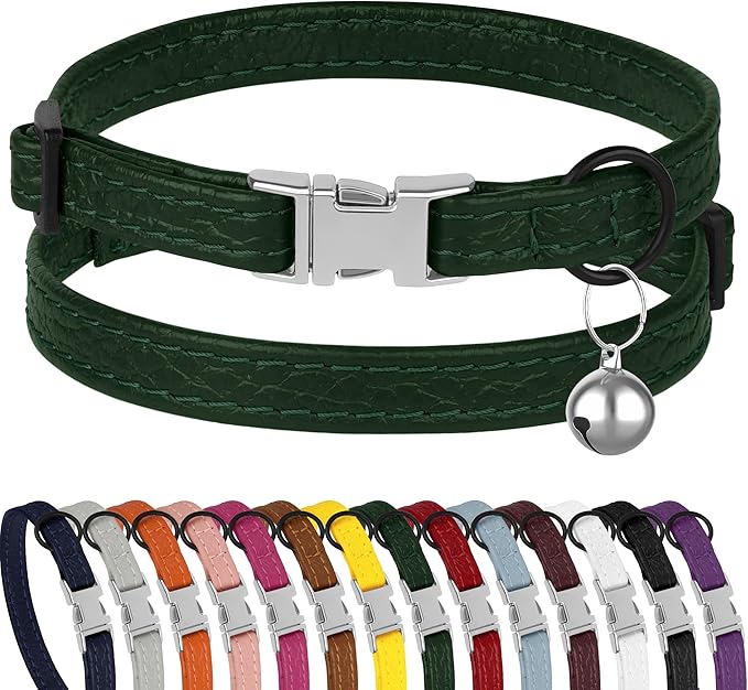 Leather Cat Collar with Buckle and Removable Bell - Non Breakaway Adjustable Soft Safety Small Pet Collars for Girl Boy Cats Kitten (White)