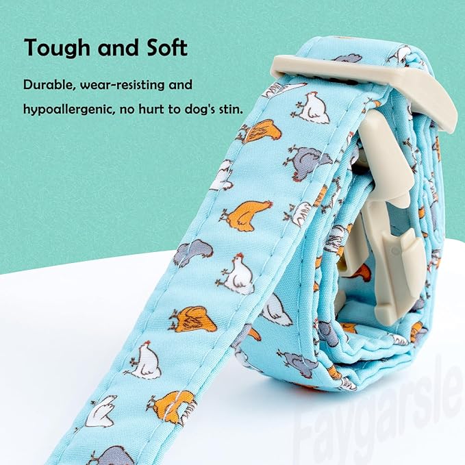 Faygarsle Funny Chicken Pattern Dog Collar, Cotton Fabric, Light Blue with Farm Animal Print for Small Medium Large Dogs, S
