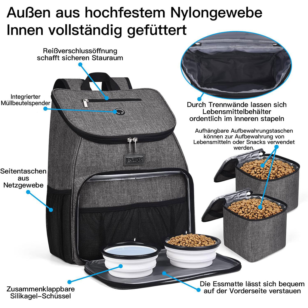 BAGLHER丨Dog Travel Bag, Airline Approved Pet Supplies Backpack, Dog Travel Backpack Accessories Set with 2 Silicone Collapsible Bowls and 2 Food Baskets, Gray