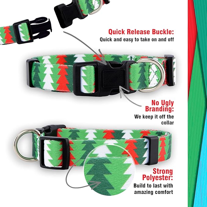 Native Pup Christmas Dog Collar- Winter Holiday Collars for Pets- Xmas Gift for Puppy- Santa, Reindeer, Snowman, Candy Cane, Red Green- Girl Boy- Small, Medium, Large Breeds (Christmas Tree, Large)