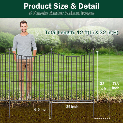 5 Panels No Dig Dog Fence Outdoor for Yard, 32 in(H) X 12 ft(L) Decorative Tall Garden Fence Animal Barrier, Rustproof Metal Wire Garden Edging and Borders, Temporary Fencing Stakes