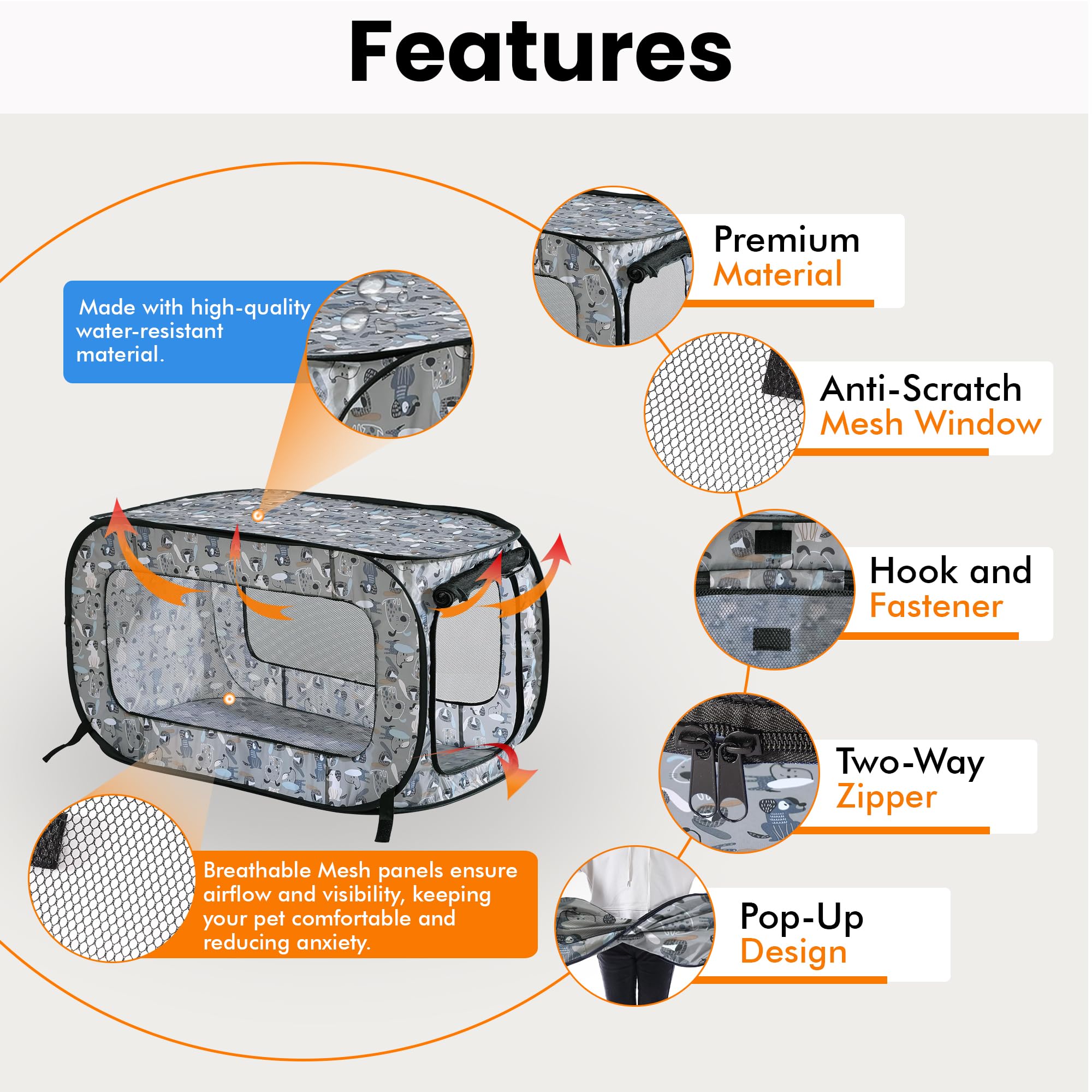 Portable Collapsible Pop Up Kennel, 24" L x 16.6" W x 16" H, Tail Waggers