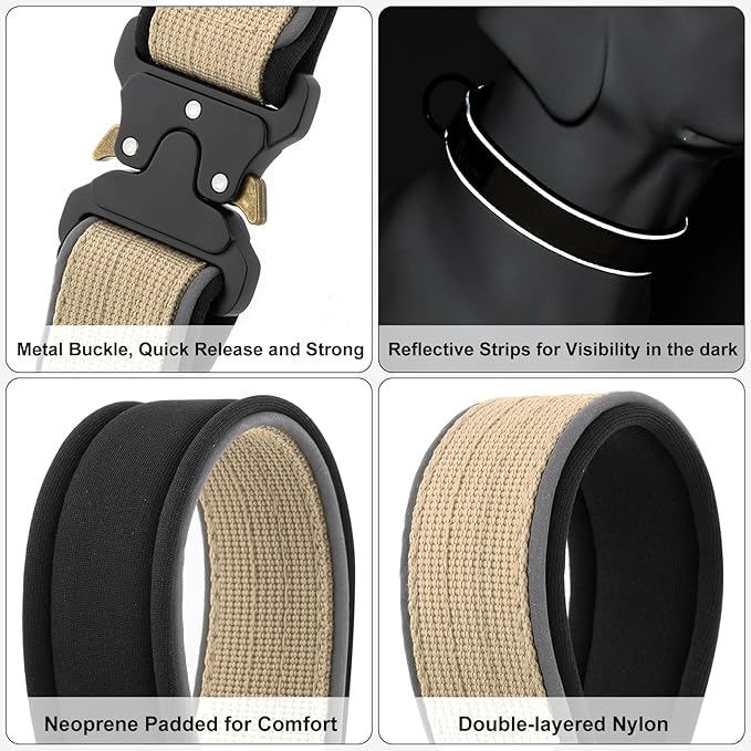 Plutus Pet Tactical Dog Collar, Reflective, Adjustable Heavy Duty Dog Collar, Soft Padded and Comfortable, for Small Medium and Large Dogs (Beige, L)