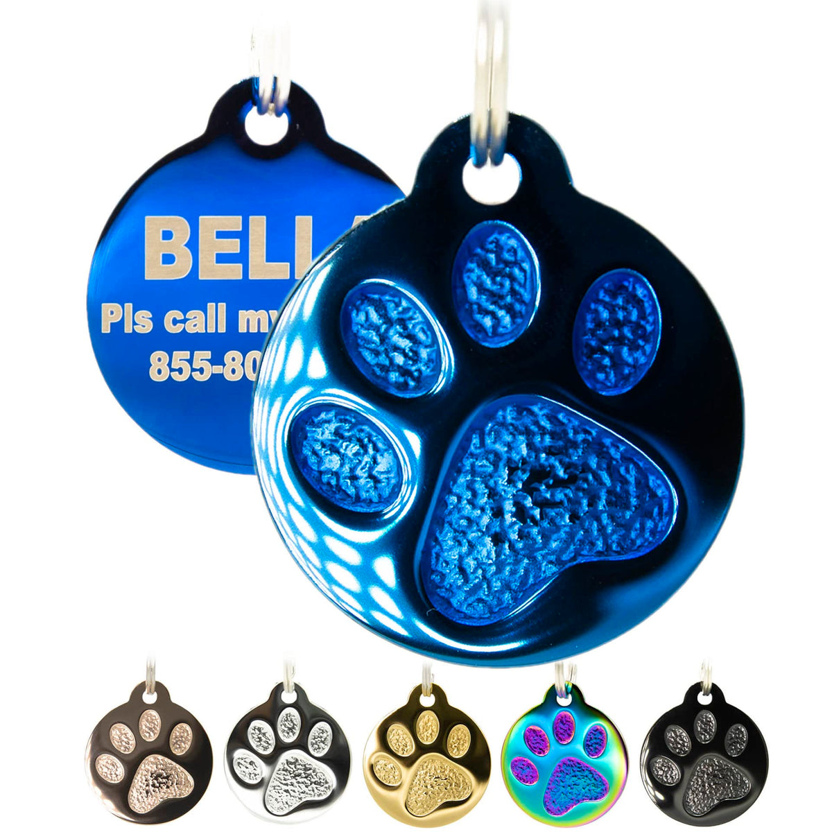 Engraved Pet Tag for Dogs and Cats - Personalized Front & Back up to 4 Lines of Text Custom Engraved ID, Round Paw Print Solid Plating Stainless Steel Silver Small