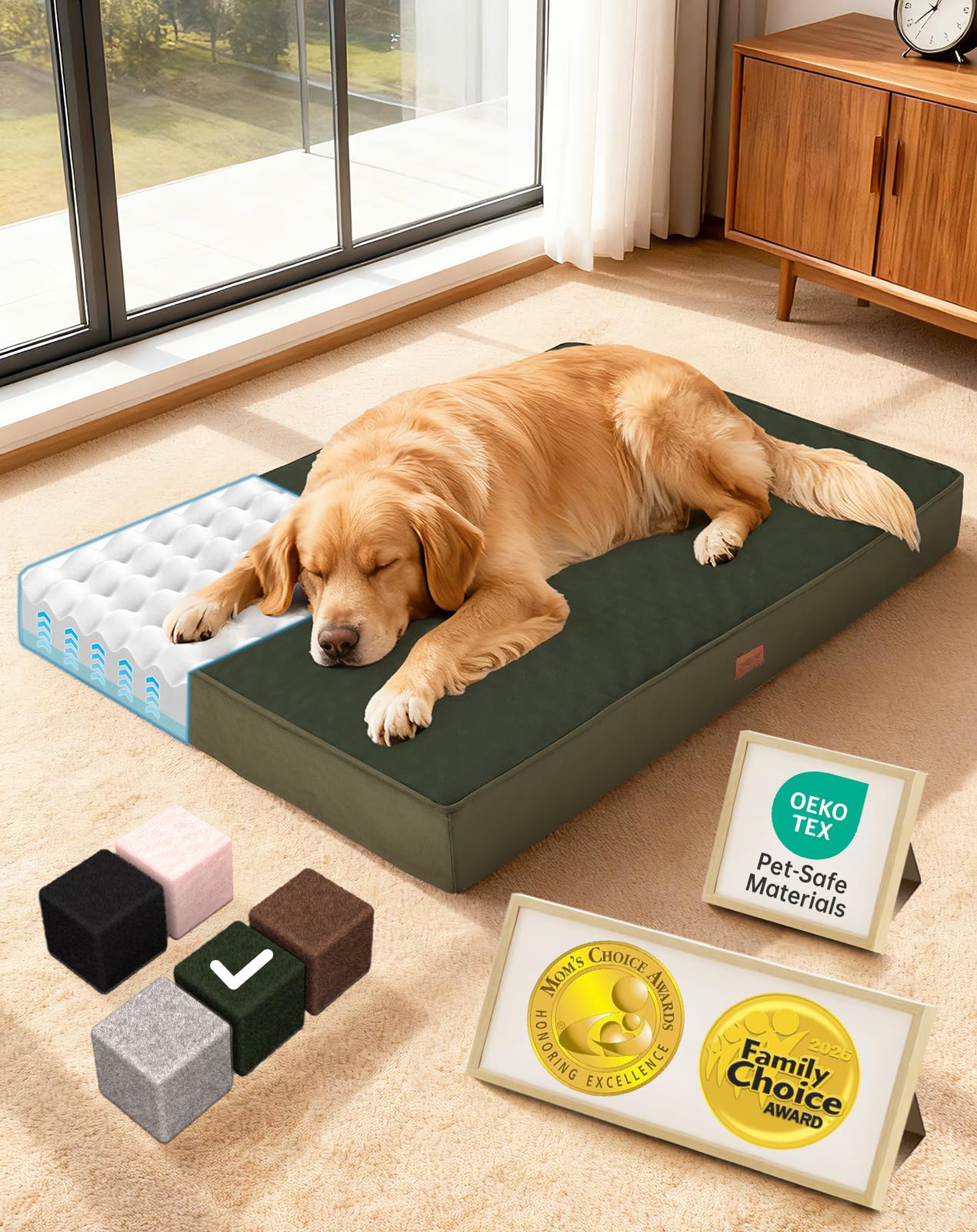 OhGeni Orthopedic Waterproof Large Dog Bed, Memory Foam, 41 inch(Green)