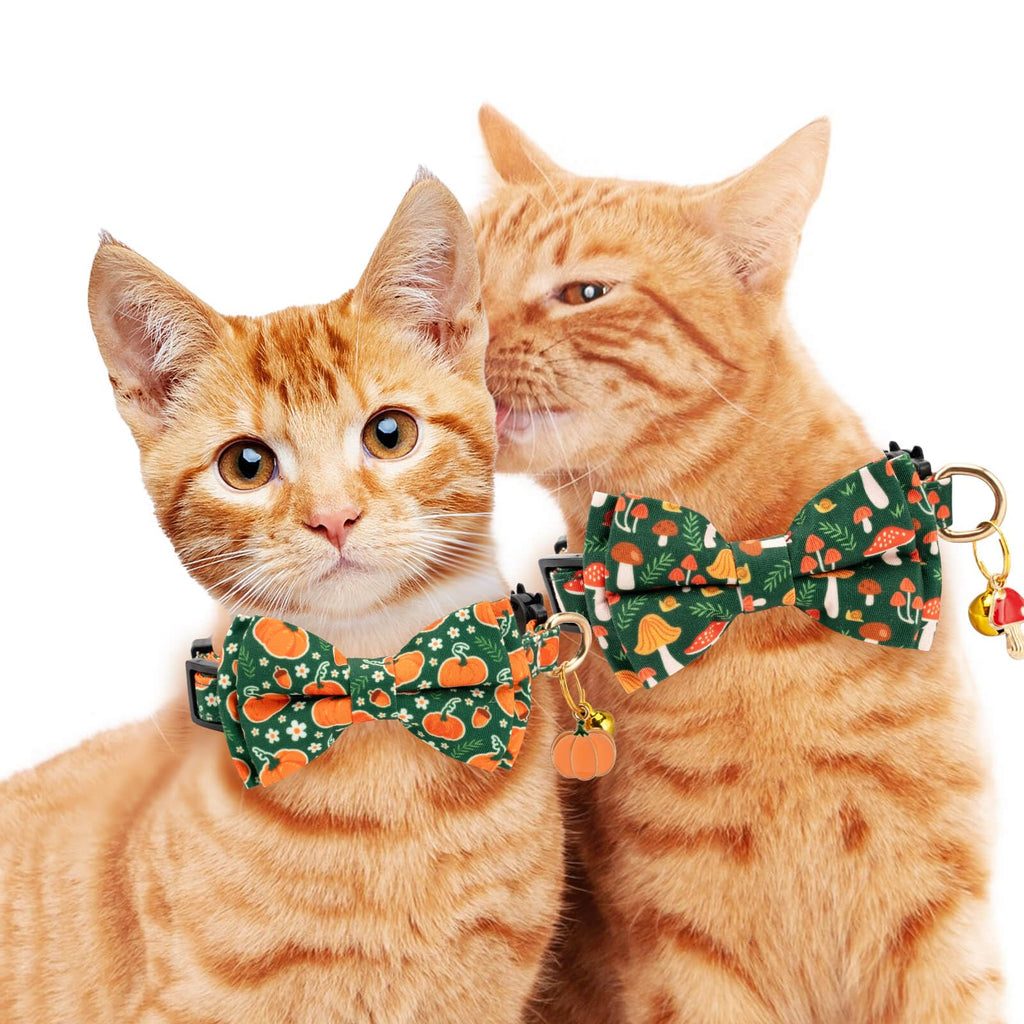 Gelwoo 2 Pack Cotton Cat Collar with Bow Tie and Bell for Male Female Cats,Soft Fancy Breakaway Kitty Kitten Collar with Ghost& Pumpkin Patterned Design for Boy Girl Cats. (Pumpkin&Mushroom)