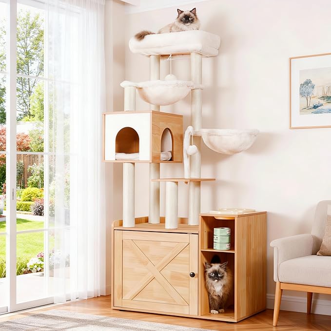 Hey-brother Cat Tree Tower, Wooden Litter Box Enclosure and Condo, MPJ115SR