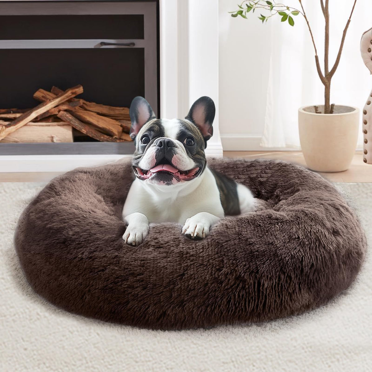 JOLLYVOGUE Calming Dog Bed for Small Dogs - 23 inches Donut Washable Small Dog Bed for Kittens & Puppies, Anti-Slip Round Fluffy Plush Faux Fur Cat Beds (Fits up to 25 lbs Pets, Purple)