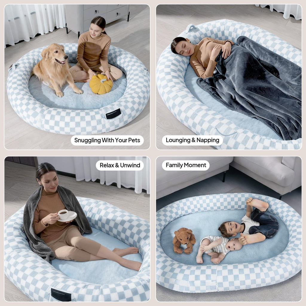 WOZOKE Human Dog Bed 74x50, Memory Foam Waterproof Liner Lounger,Blue Grid