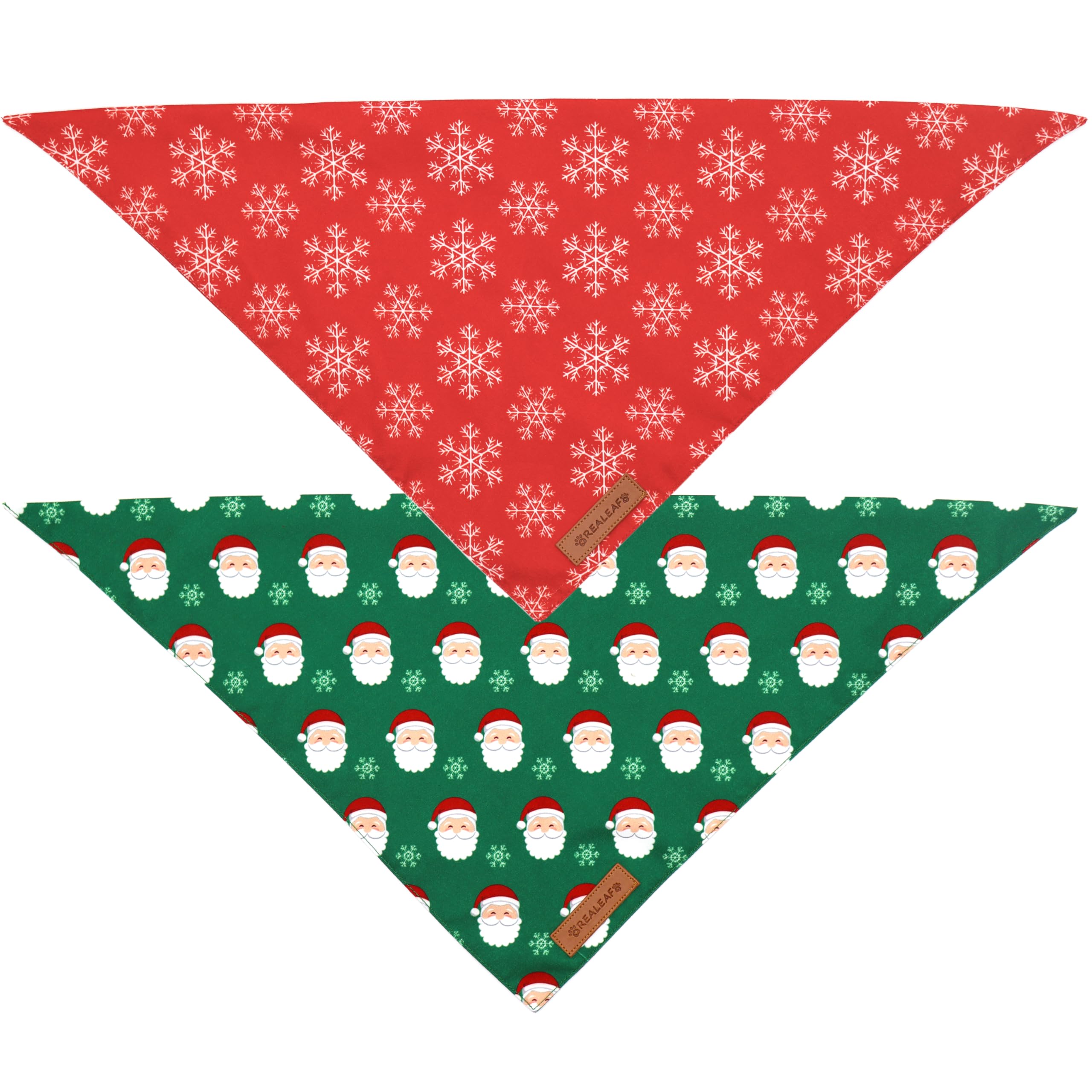 Realeaf Christmas Dog Bandanas 2 Pack, Snowflake and Santa Claus Dog Scarf for Boy and Girl, Premium Durable Fabric, Holiday Red and Green Bandana for Medium and Large Dogs Cats Pets (Large)