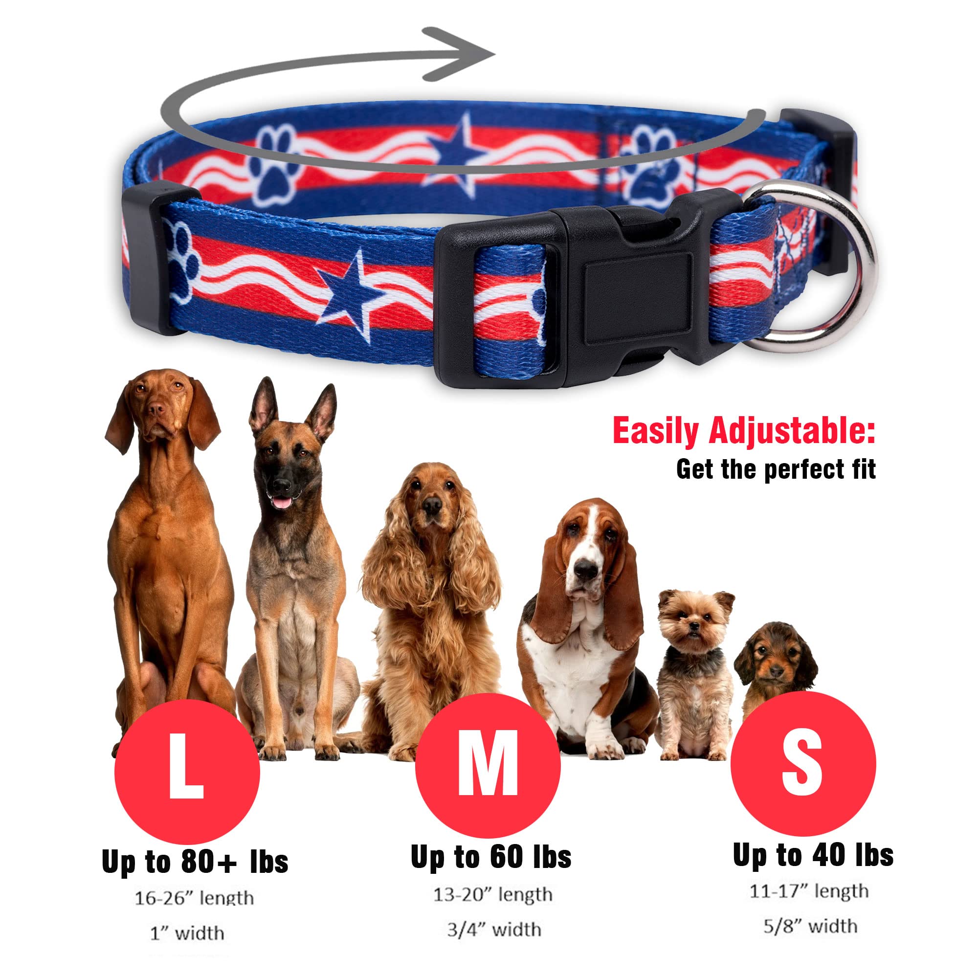 Native Pup American Flag Dog Collar- Red White and Blue- Patriotic Collars for 4th of July, USA- Adjustable Small, Medium, Large Breed Dogs (Medium, Paws)