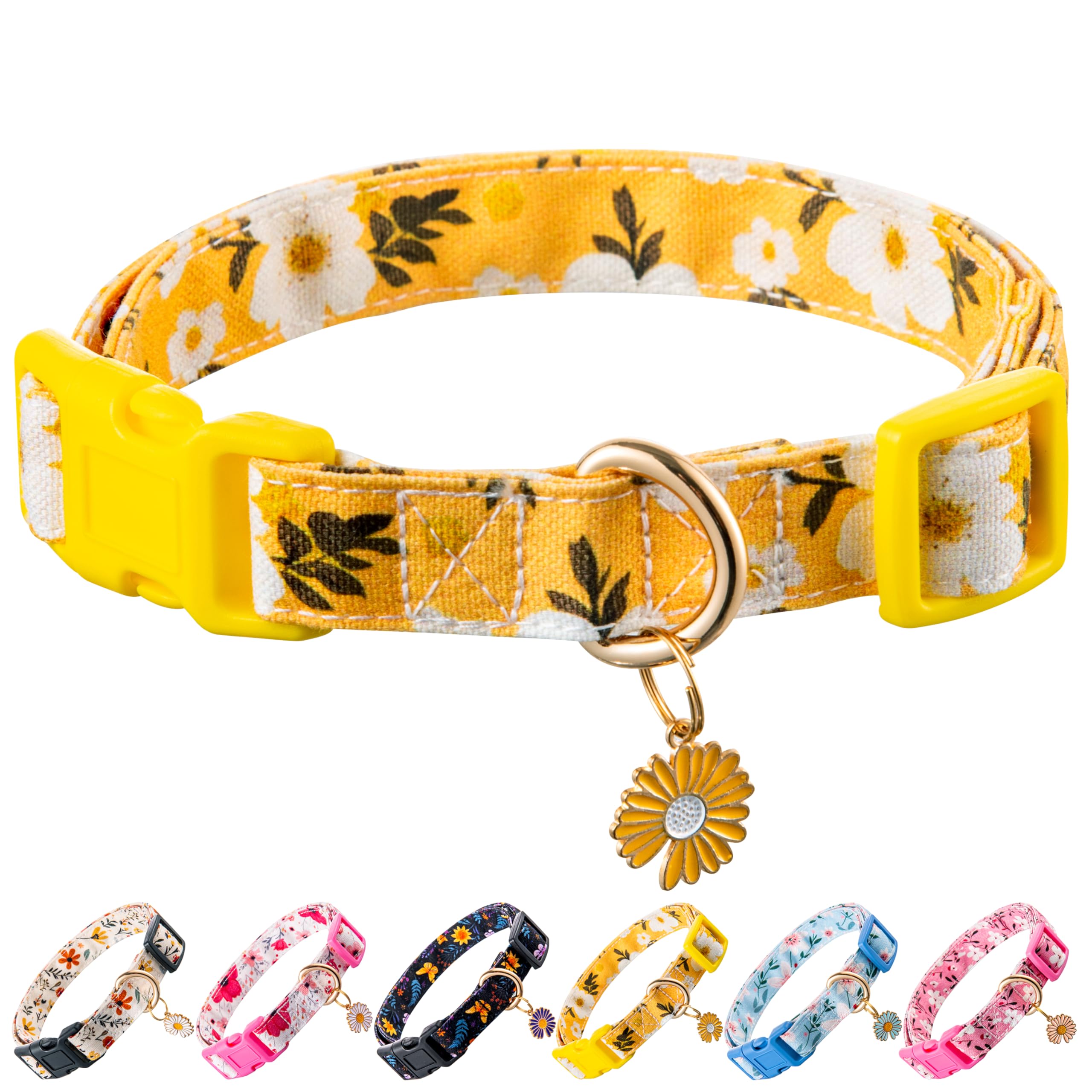 Raisingwell Cotton Dog Collar Yellow Flower Pattern for Boys and Girls Cute Dog Collars Summer Fall Gift Adjustable for Medium to X-Large Breed Dogs (L)