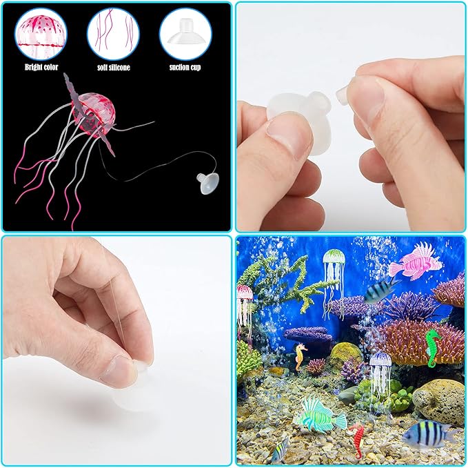 Patelai 8 Pcs Glow in The Dark Jellyfish Aquarium Decorations 8 Pcs Silicone Floating Fake Fish Tank Decor Set with Lionfish Seahorse Floating Aquarium Decor (Dreamy Color)
