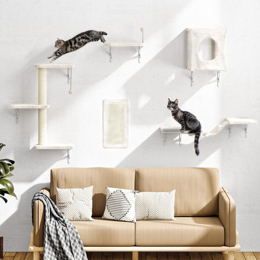 NUNU LAB Cat Wall Shelves Set, 5 Pcs Wall-Mounted Cat Climber with Cat House, Bridge, Scratching Post, Hammock, Wall Shelves, Beige