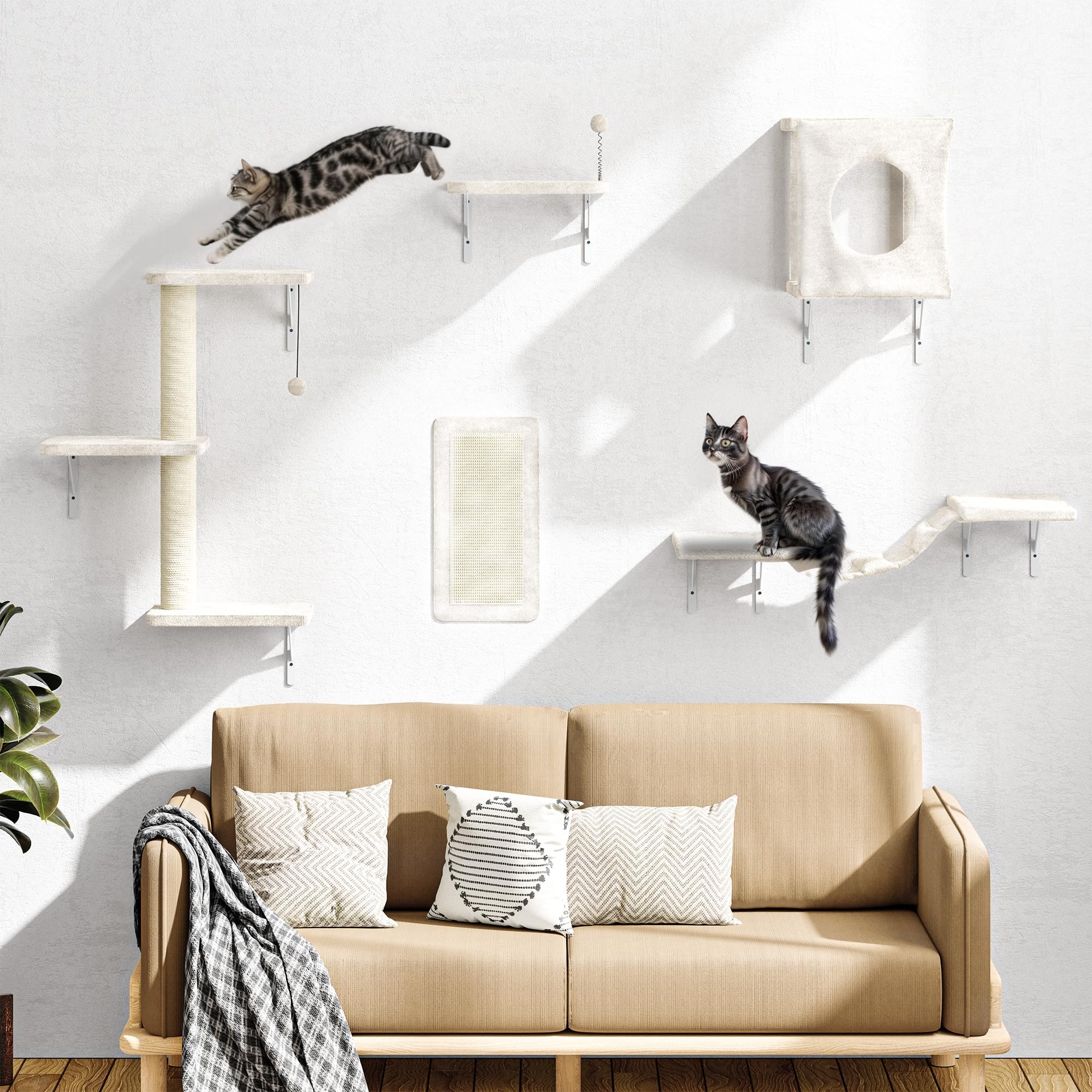 NUNU LAB Cat Wall Shelves Set, 5 Pcs Wall-Mounted Cat Climber with Cat House, Bridge, Scratching Post, Hammock, Wall Shelves, Beige