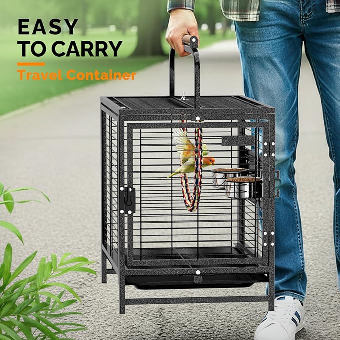 VINGLI Small Bird Cage, 19 inch Travel Carrier Bird Cage with Handle, Wrought Iron Parakeet Cage with Wooden Perch for Parrot Lovebirds Finches Small/Medium Birds (Hammertone Black)